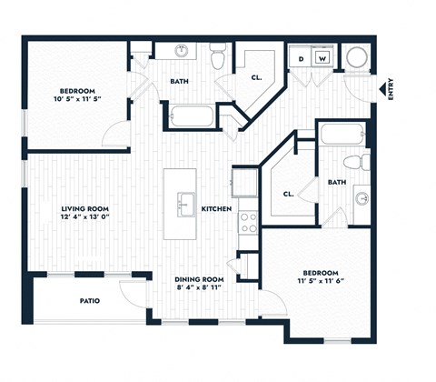 Floor plan for 2 beds, 2 baths, 1075 sqft